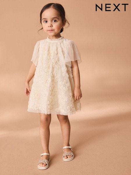 Cream Mesh Flower Print  Dress (3mths-7yrs) (N32755) | AED107 - AED127