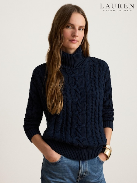 Blau - Lauren Ralph Lauren Furqan Combed Cotton Aran Knit Roll Neck Sweater