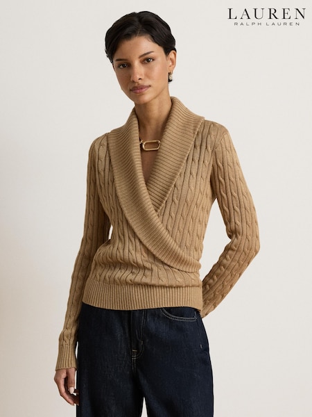 Brown - Lauren Ralph Lauren Fraine Cable Knit Shawl Neckline Wrap Sweater