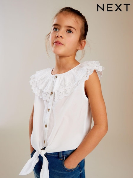 White Broderie 100% Cotton Tie-Front Blouse (3-16yrs) (N33295) | AED22 - AED32