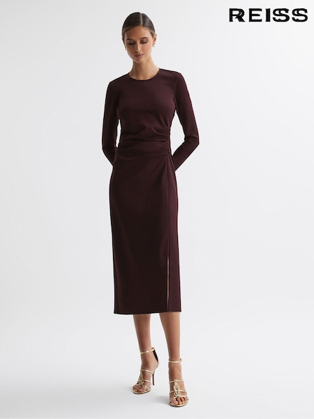 Reiss Burgundy Anais Ruched Bodycon Midi Dress (N33331) | €349