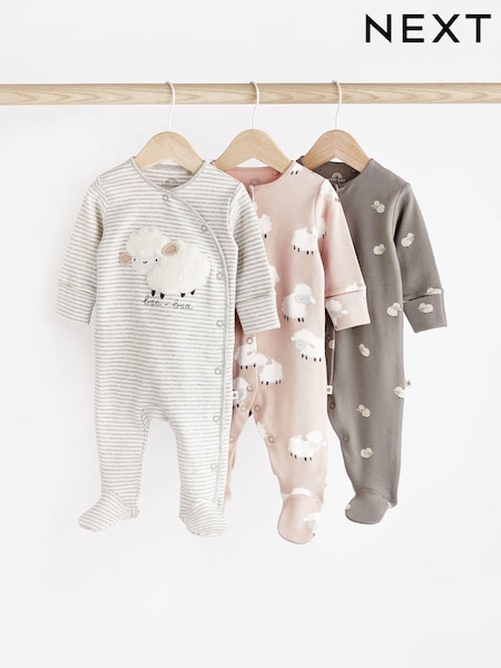 Grey Sheep Baby Delicate Appliqué 100% Cotton Sleepsuits 3 Pack (0mths-2yrs) (N33342) | € 19 - € 21