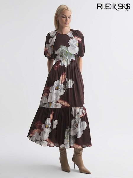 Florere Linen Silk Puff Sleeve Midi Dress (N33401) | 1,623 QAR