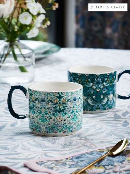 Clarke and Clarke Set of 2 Teal Blue William Morris Designs Strawberry Thief Stacking Mugs (N33694) | €27