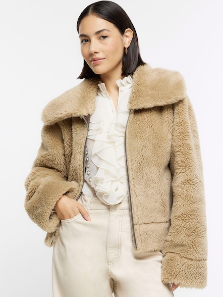 River Island Brown Reversible Shearling Aviator Jacket (N34083) | €46
