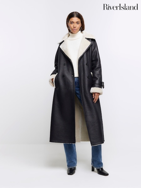 River Island Black Shearling Belted Trench Coat (N34090) | €32