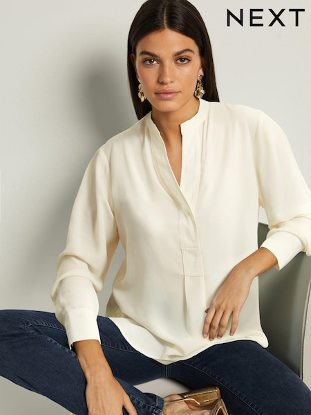 Ecru Cream Long Sleeve Overhead V-Neck Relaxed Fit Blouse (N34192) | 75 QAR
