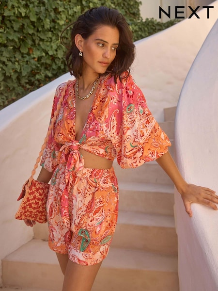Orange/Pink Puff Sleeve Tie Cover Up Top (N34594) | € 15