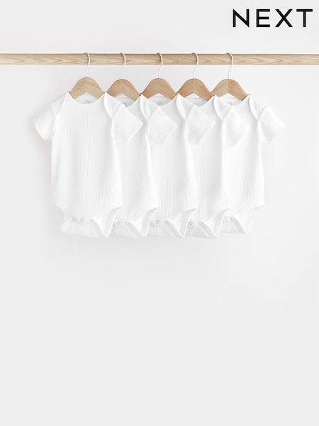 White Baby Rib Short Sleeve Bodysuits 5 Pack (N34697) | €14 - €17