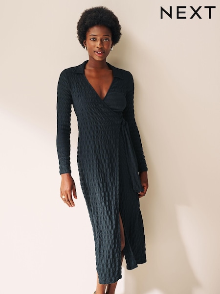 Petrol Blue Textured Long Sleeve Wrap Midi Dress (N34700) | € 12
