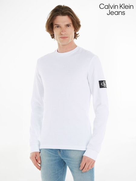 Calvin Klein Jeans Monogram Badge Waffle 100% Cotton Long Sleeve White T-Shirt (N34978) | 136 QAR
