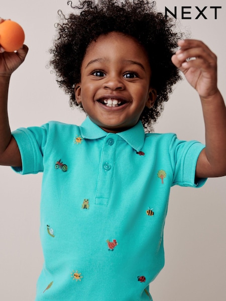 Blue All Over 100% Cotton Embroidered Short Sleeve Polo Shirt (3mths-7yrs) (N35220) | AED10 - AED12