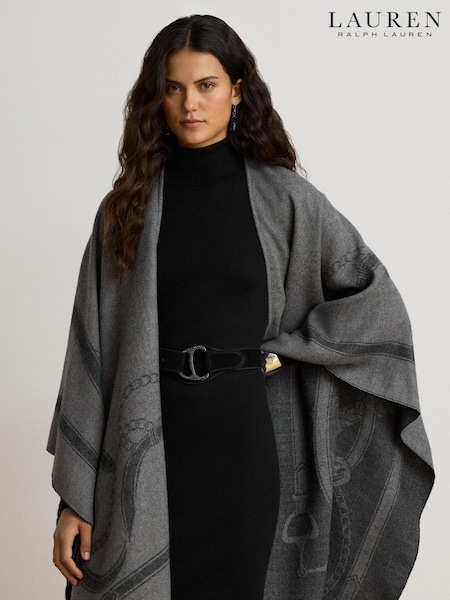 Szary - Lauren Ralph Lauren Equestrian Print Fringed Poncho