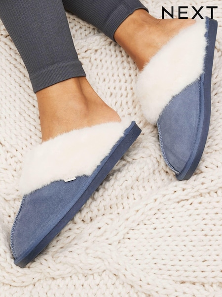 Denim Blue Suede Faux Fur Lined Mule Slippers (N35339) | €23