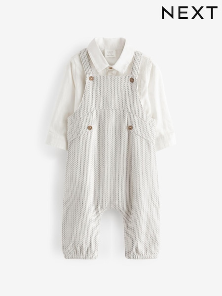 Grey/White Cotton/Linen Mix Baby Woven Dungarees And Shirt Set (0mths-3yrs) (N35630) | AED67 - AED74