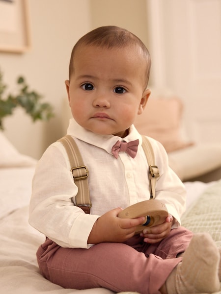 White/Rust Baby Shirt, Trousers and Braces 3 Piece Set (0mths-2yrs) (N35631) | AED81 - AED88