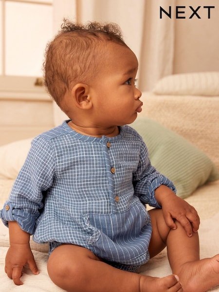 Blue Woven Long Sleeve Bloomer Romper (0mths-2yrs) (N35632) | €7 - €7.50