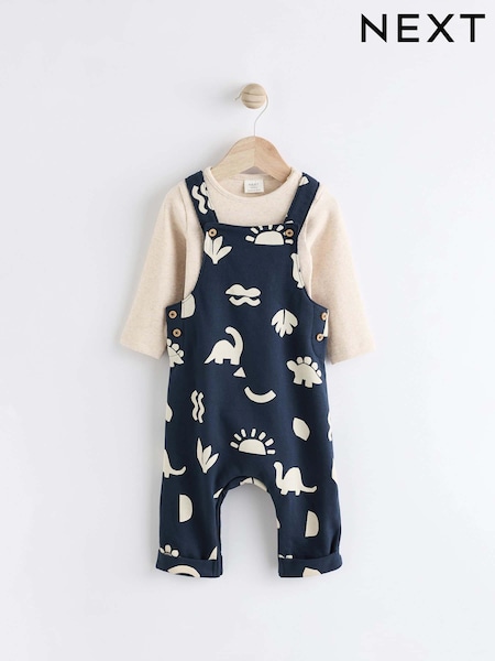 Navy Blue Dinosaur Jersey Baby Dungarees And Bodysuit Set (0mths-2yrs) (N35662) | AED60 - AED67