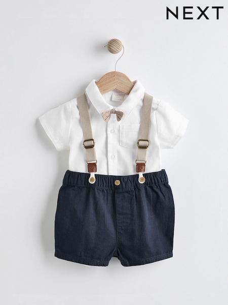 Navy Blue Baby 100% Cotton Shirt Body Shorts and Braces 4 Piece Set (0mths-2yrs) (N35706) | AED78 - AED85