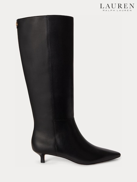 Black - Lauren Ralph Lauren Francesca Leather Kitten Heel Knee High Boots