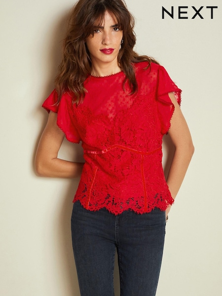 Красный - Lace Dobby Mix Short Sleeve Blouse (N36024) | €8