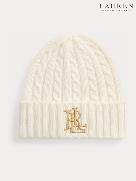 White - Lauren Ralph Lauren Cable Knit Crest Detail Hat