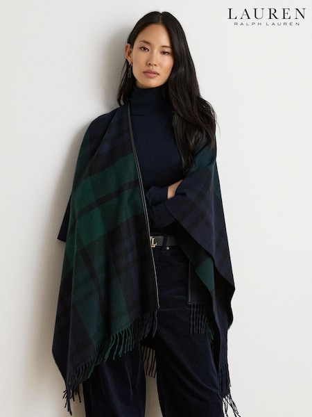 Blue - Lauren Ralph Lauren Checked Leather Trim Fringed Poncho