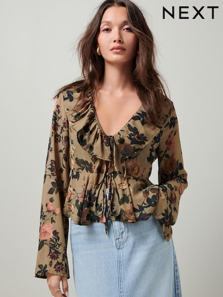 Khaki Green Floral Tie Front Ruffle Long Sleeve Blouse (N36145) | €9