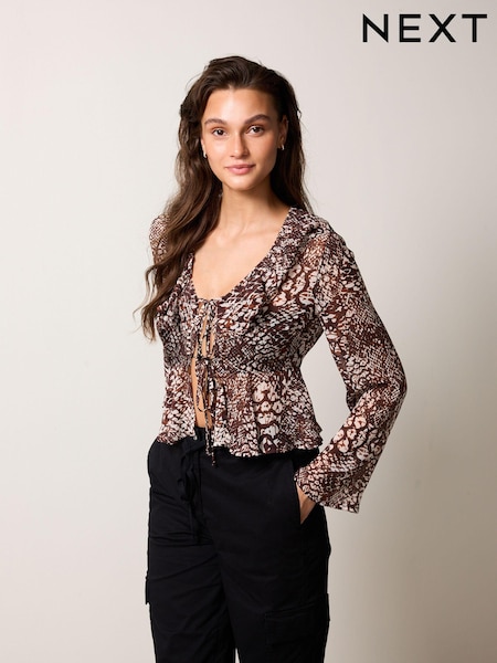 Коричневый со змеиным принтом - Tie Front Ruffle Long Sleeve Blouse (N36146) | €7