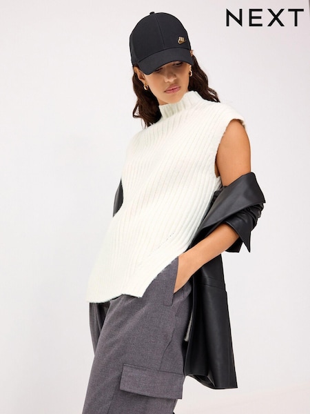 Ecru White High Neck Ribbed Knitted Tank Vest Top (N36348) | € 9