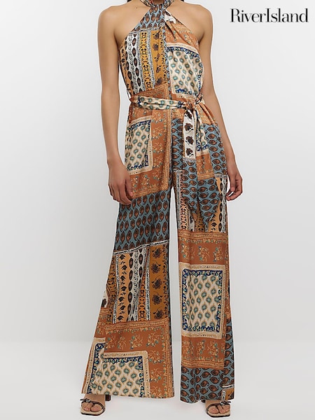 River Island Brown Halter Neck Belted Jumpsuit (N36408) | €15