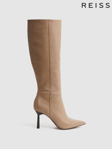 Reiss Camel Gracyn Leather Knee High Heeled Boots (N36448) | €225