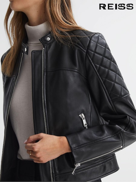 Reiss Black Adelaide Leather Collarless Quilted Jacket (N36461) | €285