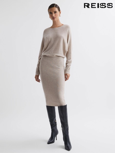 Reiss Neutral Leila Wool Blend Ruched Sleeve Midi Dress (N36479) | €95