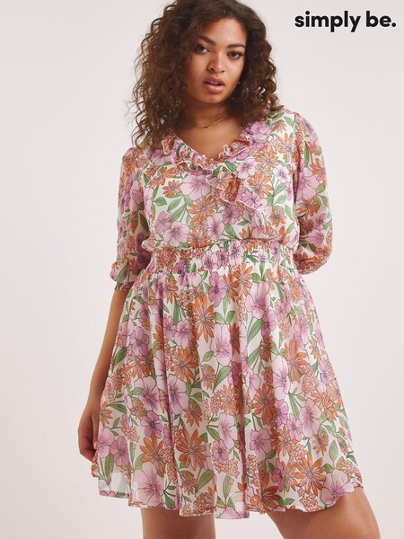 Simply Be Floral Frill Georgette Skater White Dress (N36526) | €11