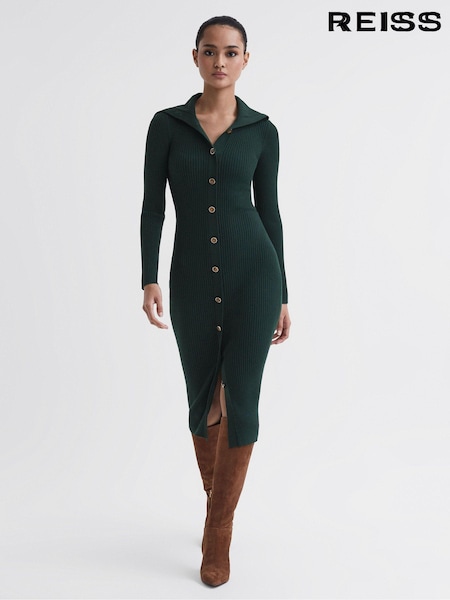 Reiss Green Maria Petite Button Through Bodycon Midi Dress (N36941) | €270
