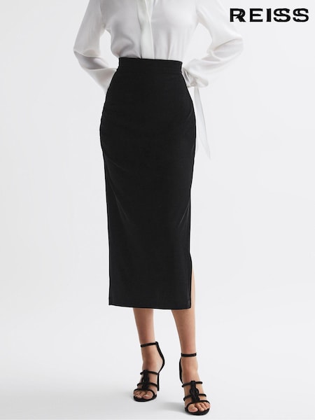 Reiss Black Leona Velvet Ruched Midi Skirt (N36943) | €168