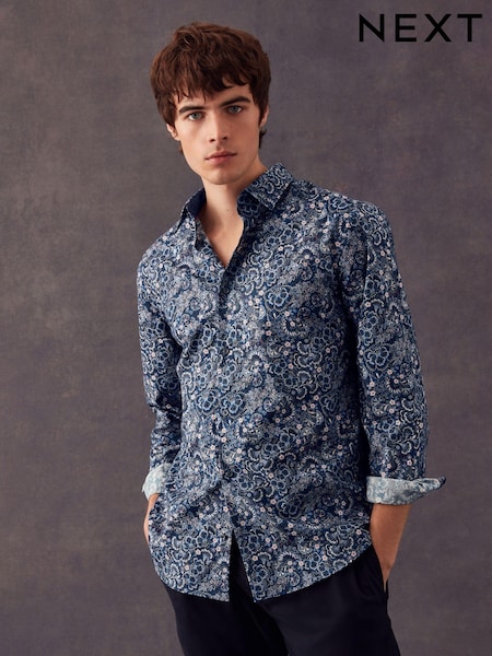 Navy Blue Floral Regular Fit Printed Trimmed Shirt (N37263) | €21