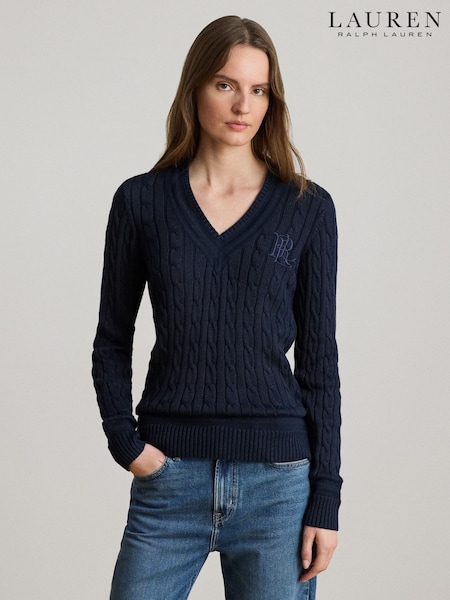 Blue - Lauren Ralph Lauren Meren Cotton Blend V-neck Sweater With Crest