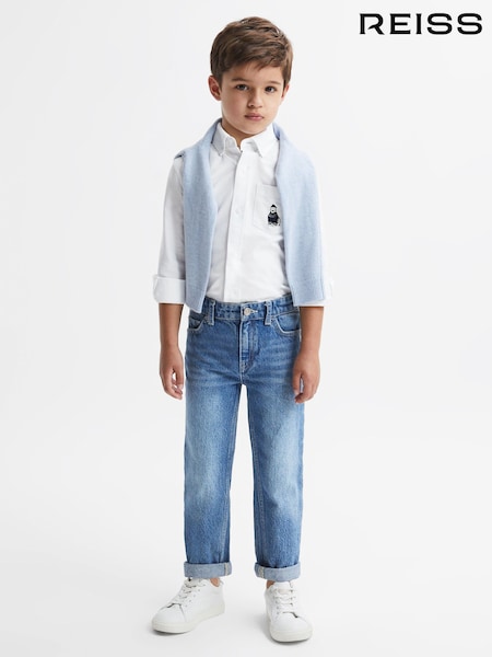 Reiss White Matis Junior Slim Fit Button Down Collar Motif Shirt (N37710) | €46