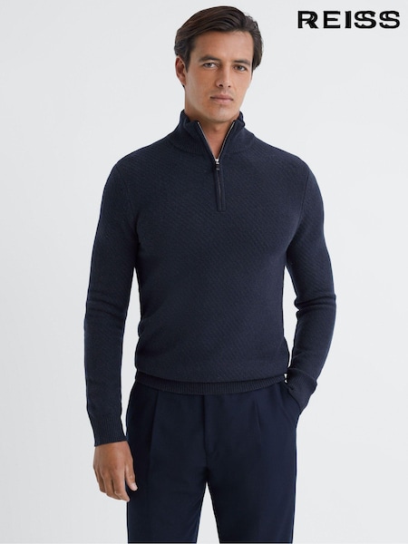 Reiss Navy Tempo Slim Fit Knitted Half-Zip Funnel Neck Jumper (N37717) | €186