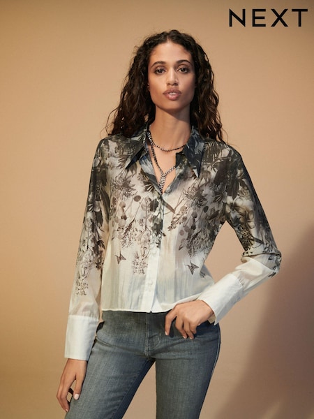 Monocrom Floral Placement - Cămașă cu aplicații transparente Imprimeuri Mânecă lungă (N37979) | 151 LEI