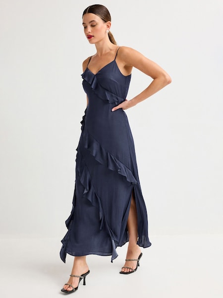 Navy Strappy Satin Ruffle Dress (N37984) | 103 QAR