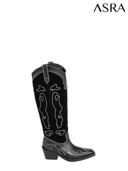 ASRA London Kaja Leather and Suede Mix Knee High Western Stitich Detail Brown Boots (N37993) | €51