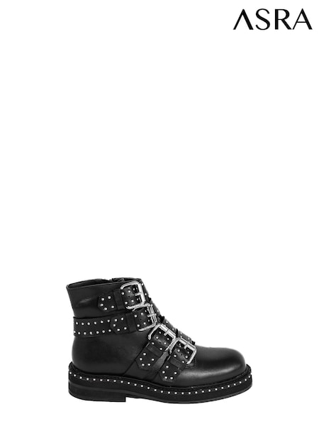 ASRA London Camellia Studed Buckle Leather Black Ankle Boots (N37997) | €99
