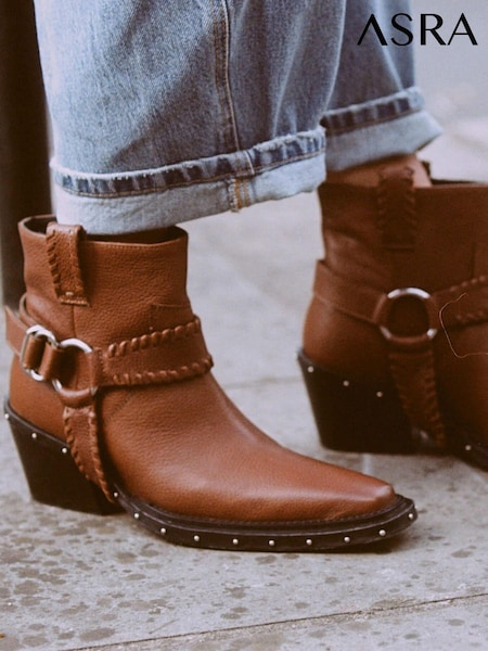 ASRA London Mint Leather Harness Ankle Western Black Boots With Metal Detail (N38004) | €99