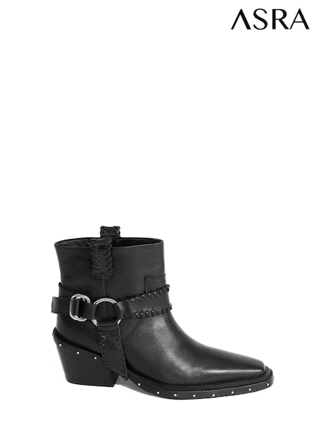 ASRA London Mint Leather Harness Ankle Western Black Boots With Metal Detail (N38005) | €50