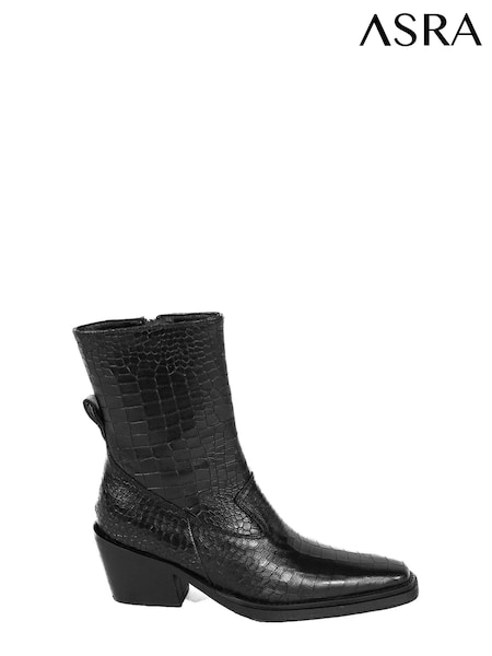 ASRA London Meadow Croc Effect Leather Ankle Western Black Boots (N38006) | €49