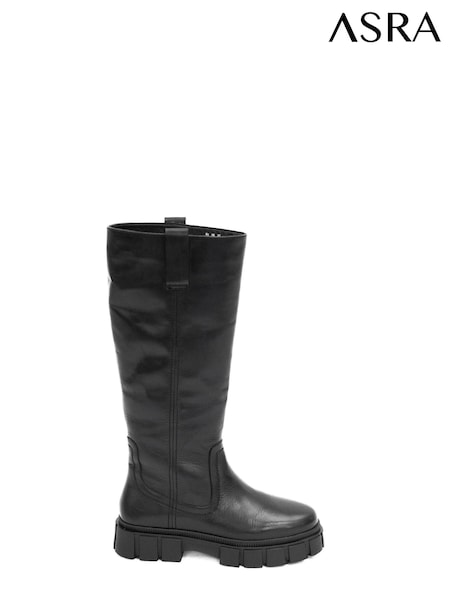 ASRA London Kiky Knee High Pull On Leather Black Boots With Chunky Sole (N38007) | €107