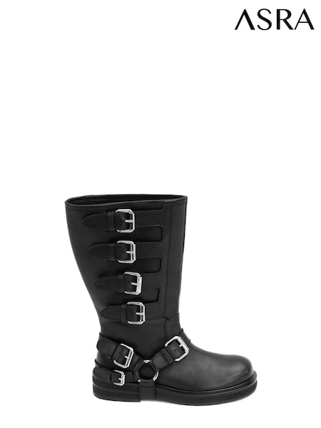 ASRA London Cantaloupe Multi Buckle Under The Knee Pull On Leather Black Boots (N38010) | €115